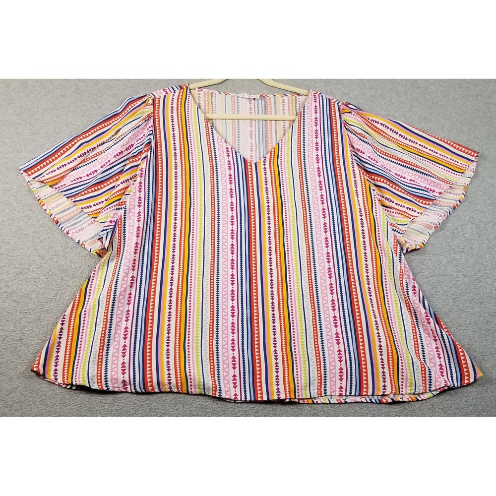 Emily Wonder Blouse Womens 3X Plus Geometric Stripe See Through Short Sleeve Top